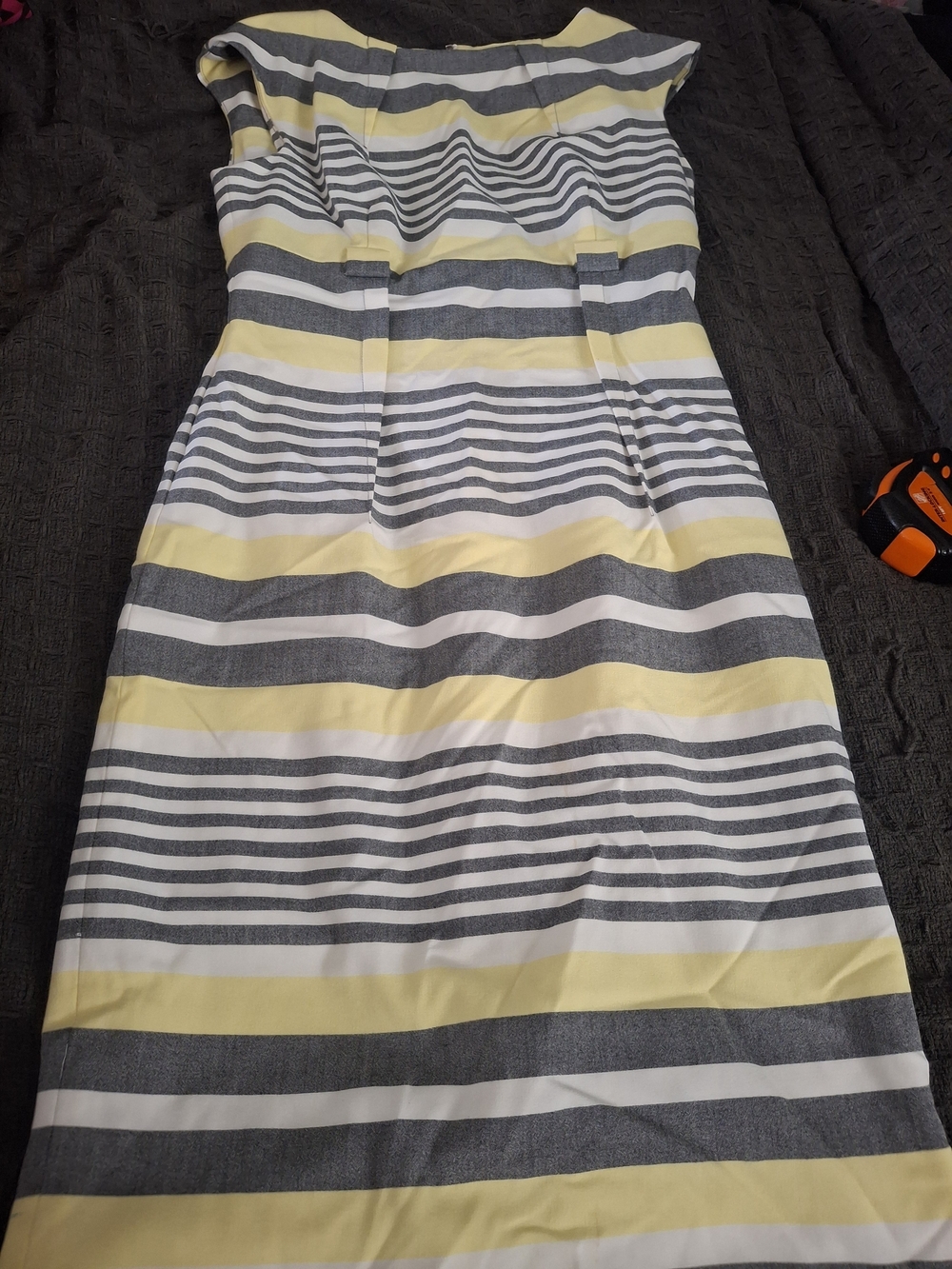 Calvin Klein Yellow, Gray and White Striped Midi Sheath Dress